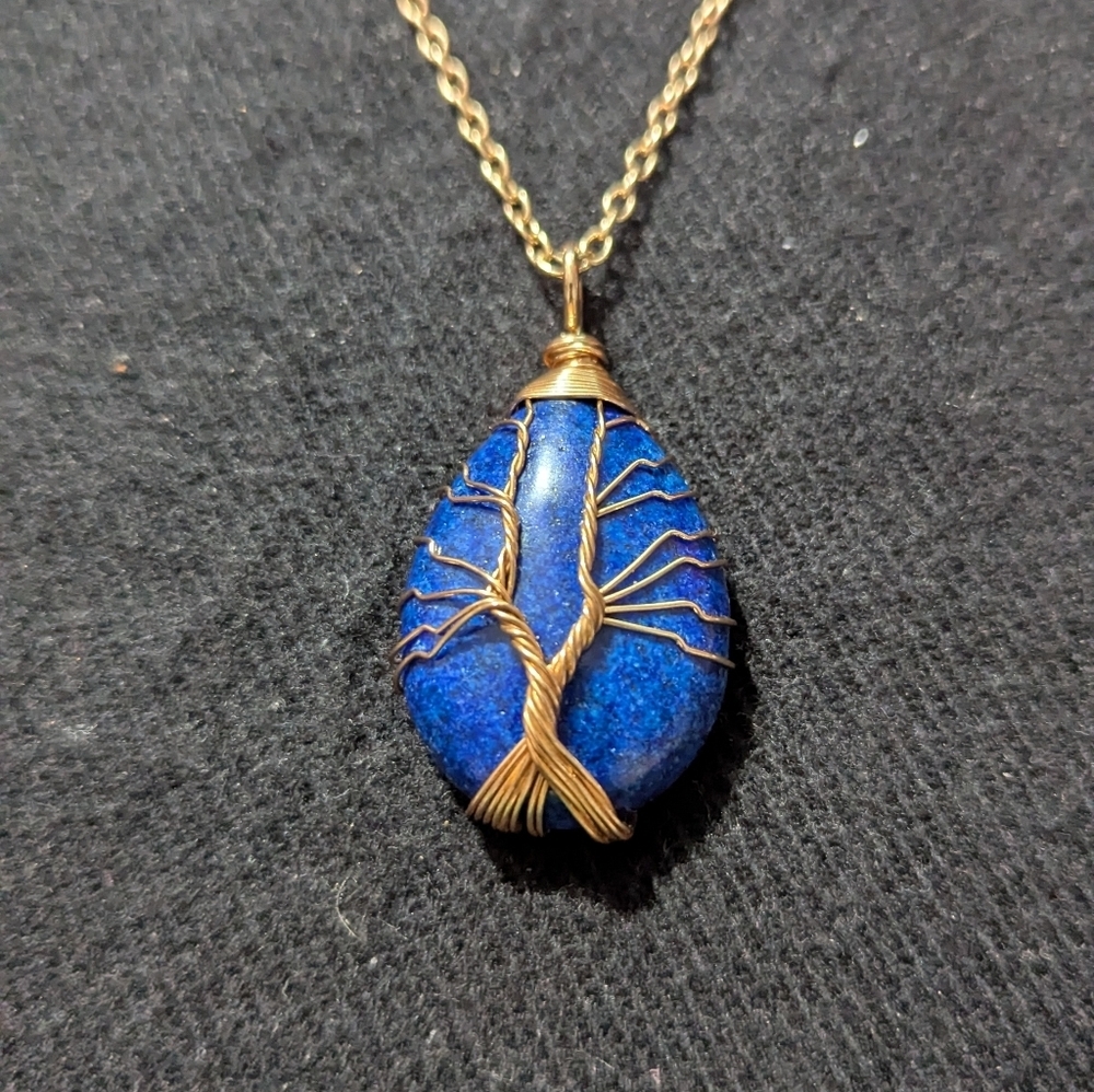 Gold Tone Blue Lapis Lazuli Tree of Life Wire Wrapped Pendant Statement Necklace